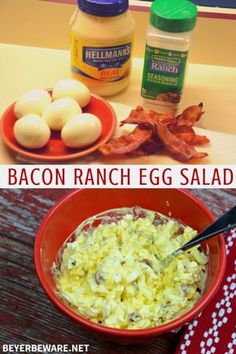 bacon ranch egg salad in a red bowl next to an image of eggs and bacon