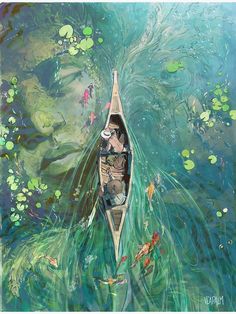 a painting of a person in a canoe floating on water with lily pads and koi fish