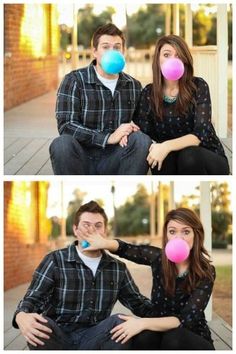 three pictures of a man and woman blowing soap bubbles on their noses while sitting down