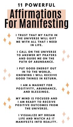 the 11 powerful affirmations for manifesting poster with an orange and white background