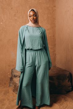 Mint Four Piece Pants Abaya Set Where Can I Shop For Modest Hijabi Clothing, Urban Modesty, Hijab Trend, Elegant Abayas, Ceremonial Clothing, Abaya Outfit, Mint Fashion, Belt Pants, Open Abaya