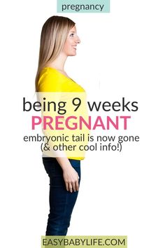 a woman in yellow shirt and jeans with the words being 9 weeks pregnant