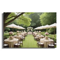 an outdoor wedding setup with tables and umbrellas