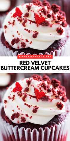 red velvet buttercream cupcakes with white frosting and strawberries on top