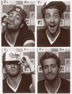 four different pictures of a man making funny faces with his hat on and tongue out