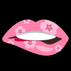 a woman's lips with pink flowers on them and a knife sticking out of the lip