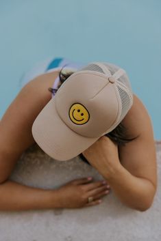 Smiley Face Hat - Summer Ball Caps for Women | ROOLEE Casual Smiley Face Snapback Baseball Cap, Adjustable Smiley Face Baseball Cap For Summer, Trendy Smiley Face Baseball Cap With Curved Brim, Trendy Beige Snapback Trucker Hat, Beige Trucker Hat For Summer, Trendy Summer Baseball Cap With Smiley Face, Summer Baseball Cap With Smiley Face, Beige Snapback Trucker Hat For Summer, Trendy Smiley Face Baseball Cap For Summer