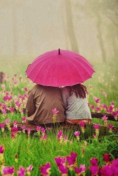 two people are sitting under an umbrella in the middle of a field with pink flowers