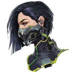 a drawing of a woman with black hair and piercings on her face, wearing a futuristic suit