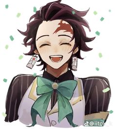 an anime character wearing a bow tie and smiling at the camera with green confetti around her neck