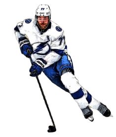 a drawing of an ice hockey player in blue and white uniform