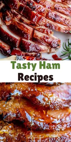 tasty ham recipe on a white plate with rosemary garnish and text overlay that reads tasty ham recipes