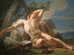 a painting of a man laying on the ground