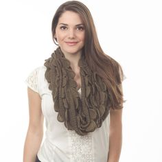 Taleen Brown Knitted Infinity Scarf Description: Fun Fashion Scarf To Liven Up Any Top Size: 12 X 31 Inches Color: Brown Material: 100% Acrylic Casual Brown Scarves, Brown Shawl Scarf, Brown Winter Shawl Scarves, Luxury Brown Scarves For Women, Knitted Infinity Scarf, Crinkle Scarf, Fendi Scarf, Brown Handwoven Winter Scarves, Pashmina Wrap