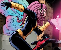 an image of a woman with pink hair and wings in front of a brick wall