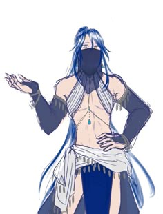 an anime character with blue hair and no shirt, holding his hands out to the side