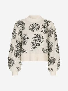 Mock neck  Balloon sleeves  Texture with jacquard decorations with roses  Ribbed cuffs and bottom  Wool and acrylic texture    Fit: Fit regular Cream Jumper, Danish Fashion, Jacquard Sweater, Designer Name, Sweater Sale, White Sweaters, Women Pullover, High Waisted Pants, Stay Warm