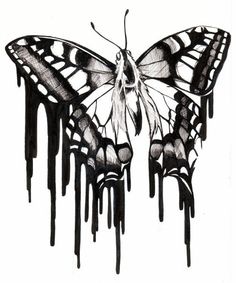 a black and white drawing of a butterfly with dripping paint on it's wings