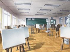 an artist's rendering of a classroom with desks, chalkboard and statues