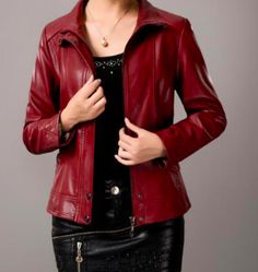 This form-fitting faux leather jacket with zippered front and turn-down collar is sure to keep you warm during this cool season. Comes in five fabulous colors from which to choose. Don't be left out in the cold -- get yours today. Solid Leather Jacket With Zipper Closure For Winter, Stand Collar Leather Jacket For Fall, Fitted Faux Leather Jacket, Solid Leather Jacket With Stand Collar For Fall, Winter Leather Jacket With Zip Fly And Stand Collar, Winter Leather Jacket With Stand Collar And Zip Fly, Winter Fitted Faux Leather Biker Jacket, Fitted Collared Biker Jacket For Winter, Collared Leather Jacket For Fall