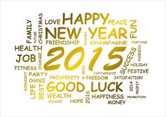 the word happy new year written in gold and black on a white background with other words surrounding it