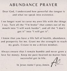 an old paper with the words abundance prayer written in black ink on it and a handwritten poem