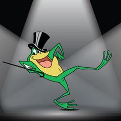 a cartoon frog wearing a top hat and holding a pointer in front of a spotlight