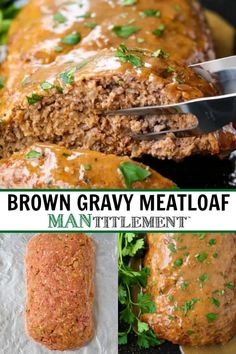 meatloaf with gravy and parsley on top is being cut into pieces