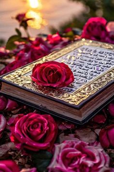 a close up of a book with flowers in the background