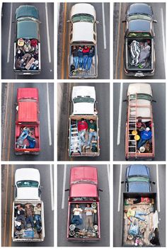 an overhead view of several cars with luggage in the back and on the top, from above to below