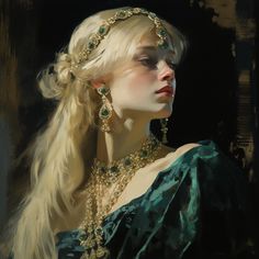 a painting of a woman with long blonde hair wearing green dress and gold necklaces