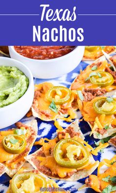 mexican nachos with guacamole and salsa in the background text overlay