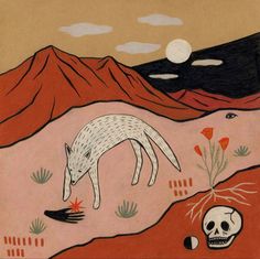 a painting of a dog and a skull on a desert landscape with mountains in the background