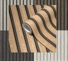 a striped wallpaper with wood grains and metallic foil on the bottom right corner