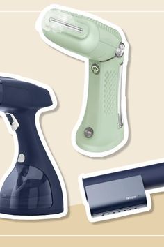 various household appliances are arranged on a beige background, including an electric hand dryer and a hairdryer