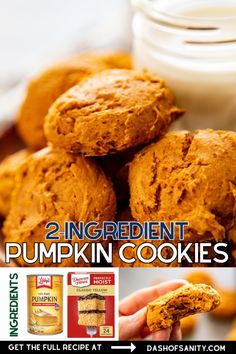 an advertisement for pumpkin cookies with the words, 2 ingredient pumpkin cookies