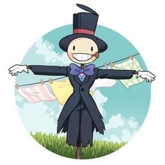 a cartoon character dressed in a suit and top hat with clothes hanging out to dry