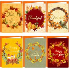 four different thanksgiving greeting cards with autumn leaves and wreaths on them, all in various colors