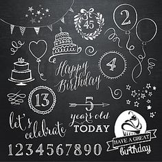 chalkboard birthday card with balloons, cake and other items on blackboard background stock photo