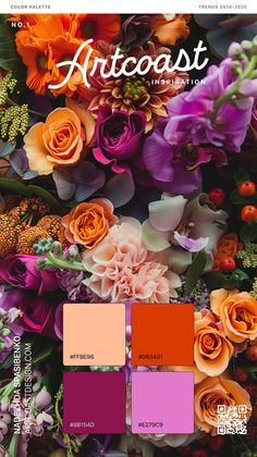 the color palette for artcoast is shown in shades of purple, orange and pink