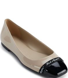 From KARL LAGERFELD PARIS&#x2C; the Zayne Patent Leather Cap Toe Ballet Flats feature:Patent leather upperSlip-on closureSynthetic liningRubber blend outsoleImported. Paris Flat, Cap Toe Ballet Flats, Karl Lagerfeld Shoes, Karl Lagerfeld Paris, Leather Cap, Parisian Chic, Nude Pink, Dillard's, Karl Lagerfeld