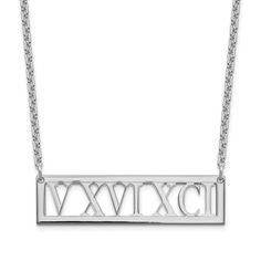 Keep your birthdate or your lucky number on display with this Roman numeral bar necklace. Made from rhodium plated sterling silver, this 18-inch cable chain necklace holds a bar that may be personalized with your choice of maximum 9 numbers in Times New Roman Bold font. Easy to use lobster clasp offers worry-free movement. Jared The Galleria Of Jewelry, Free Movement, Times New Roman, Cable Chain Necklace, Bold Fonts, Lucky Number, Loose Stones, Roman Numeral, Precious Jewelry