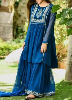 Dark Blue Kurti, Blue Dress Design, Kurti Frock, Frock Suit Design, Girls Dresses Sewing