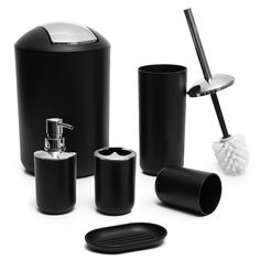 black bathroom accessories including soap dispenser, toothbrush holder and toilet brush