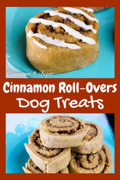 cinnamon roll - over dog treats are stacked on top of each other with icing