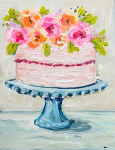 a painting of a cake with pink flowers on top