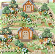 the garden is filled with lots of flowers and small houses, including a birdhouse