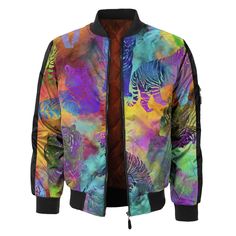 Grab a wild new look with the Tiger Paradise Bomber Jacket, handcrafted for fully aligned edge-to-edge graphics. Our team of resident artists made this colorful tiger silhouette design for a vibrant look.  DETAILS & FIT This classic bomber jacket features a classic silhouette offering lightweight insulation in brig Multicolor Graffiti Print Outerwear For Streetwear, Multicolor Printed Outerwear For Streetwear, Multicolor Graffiti Print Winter Outerwear, Fresh Hoods, Tiger Silhouette, Brother Pictures, Mens Jackets Casual, Men Clothes, The Tiger