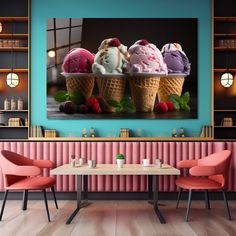 three ice cream cones with raspberries and strawberries in them on a blue wall