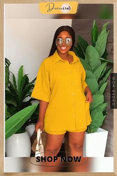 Loose Turn Down Collar Shirts Top Shorts Two Piece Set Yellow Summer Blouse With Pockets, Yellow Blouse With Pockets For Summer, Maternity Two Piece, Two Piece Outfits Shorts, 2 Piece Short Set, 2piece Outfits, Set Outfits, Jaune Orange, Half Sleeve Shirts